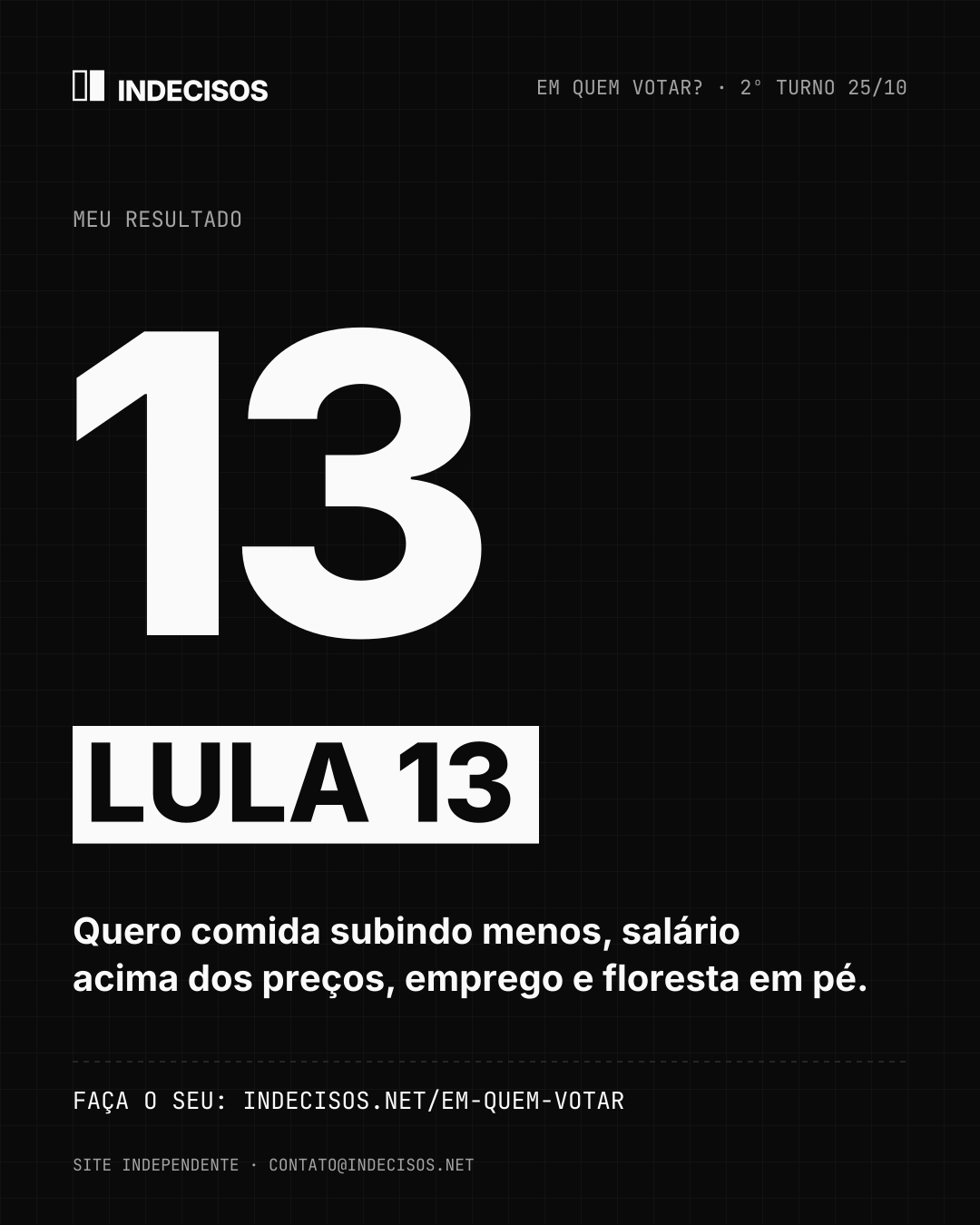 Imagem para compartilhar: meu resultado é Lula 13.